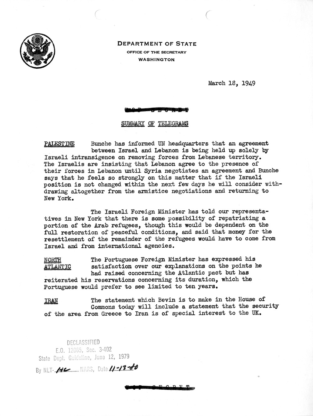 Memorandum, Department of State Summary of Telegrams