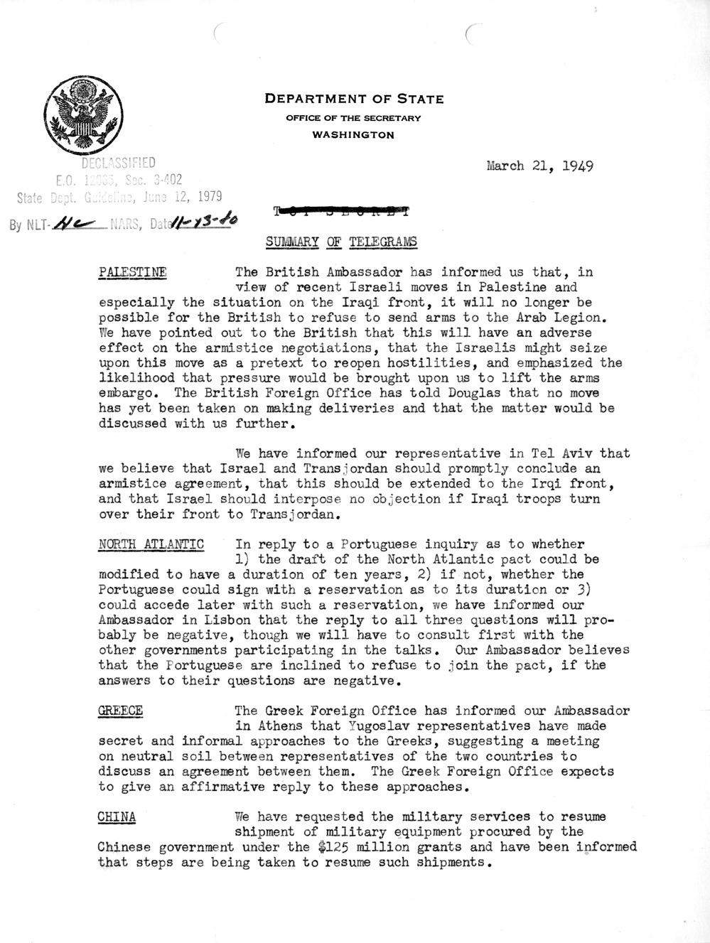 Memorandum, Department of State Summary of Telegrams
