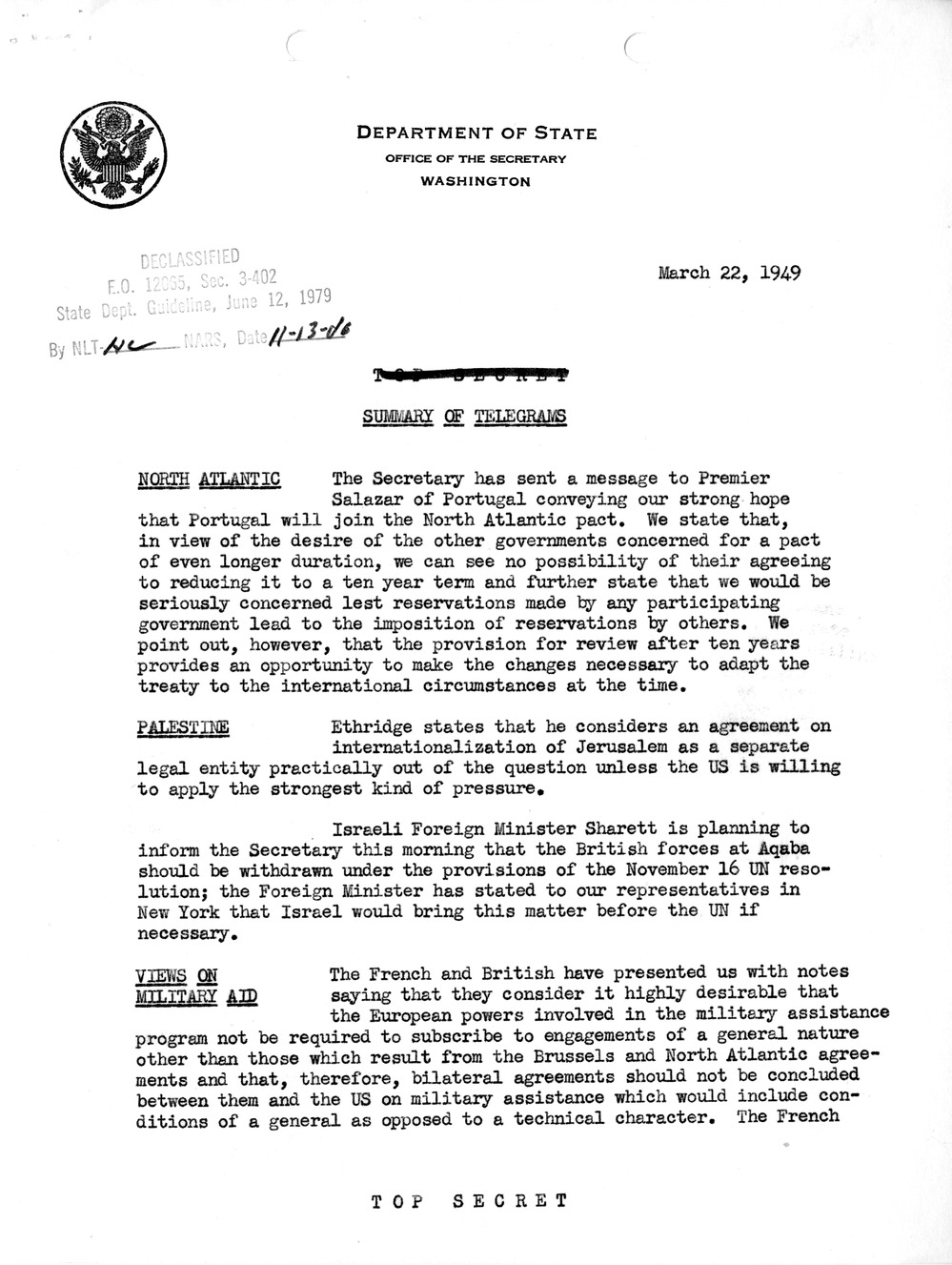 Memorandum, Department of State Summary of Telegrams