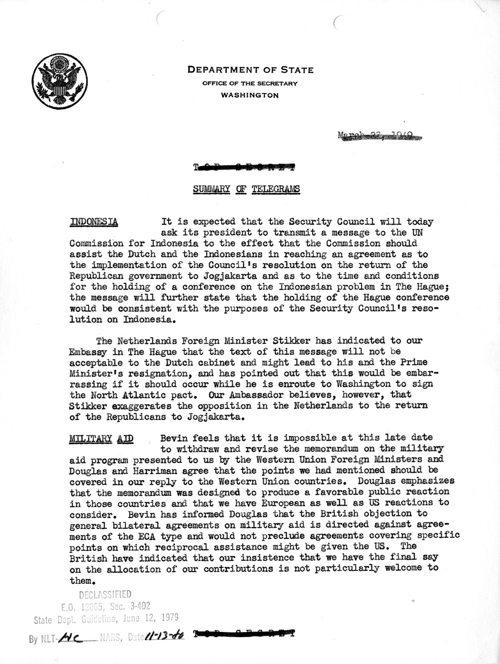 Memorandum, Department of State Summary of Telegrams