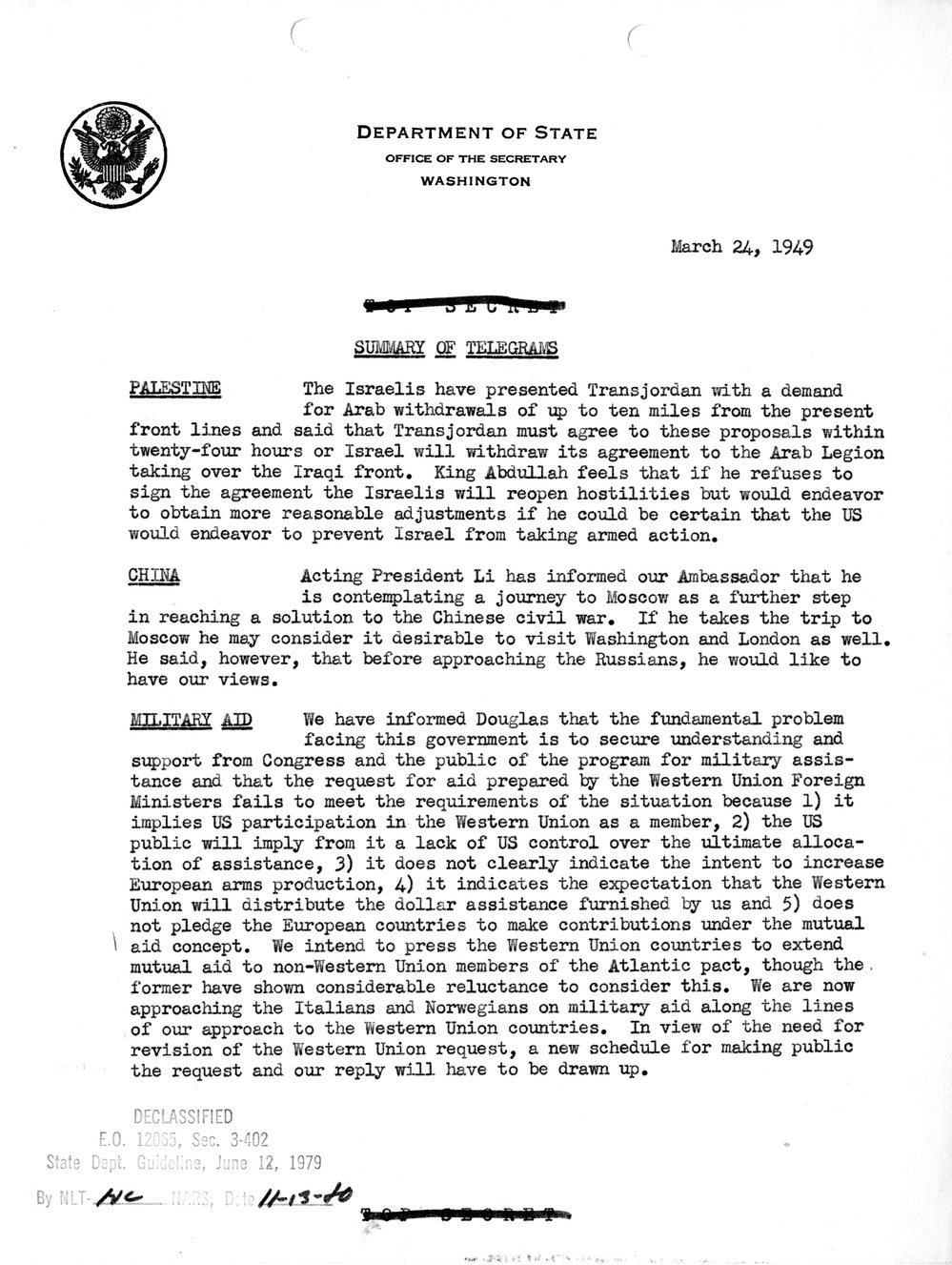 Memorandum, Department of State Summary of Telegrams