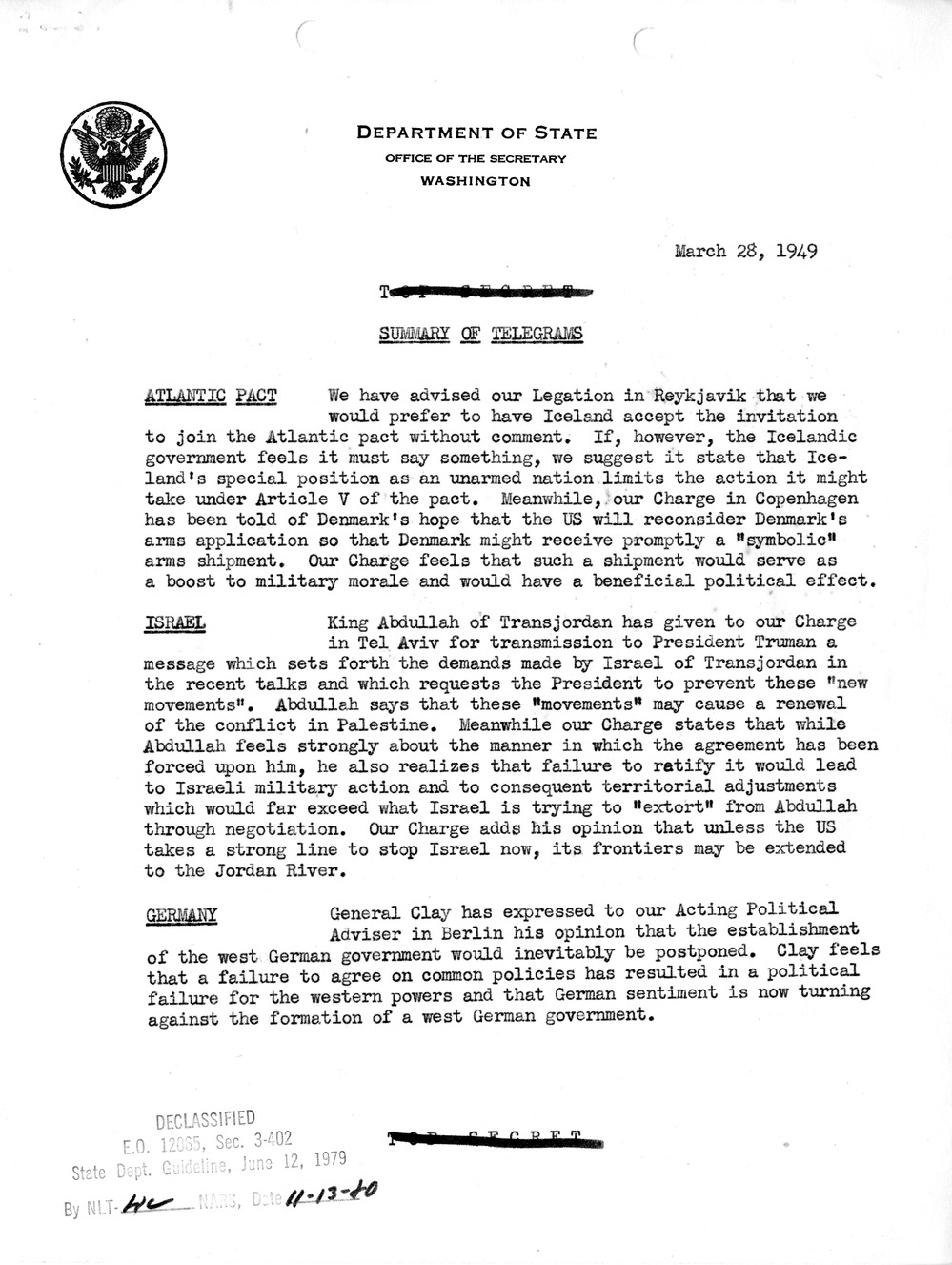 Memorandum, State Department Summary of Telegrams
