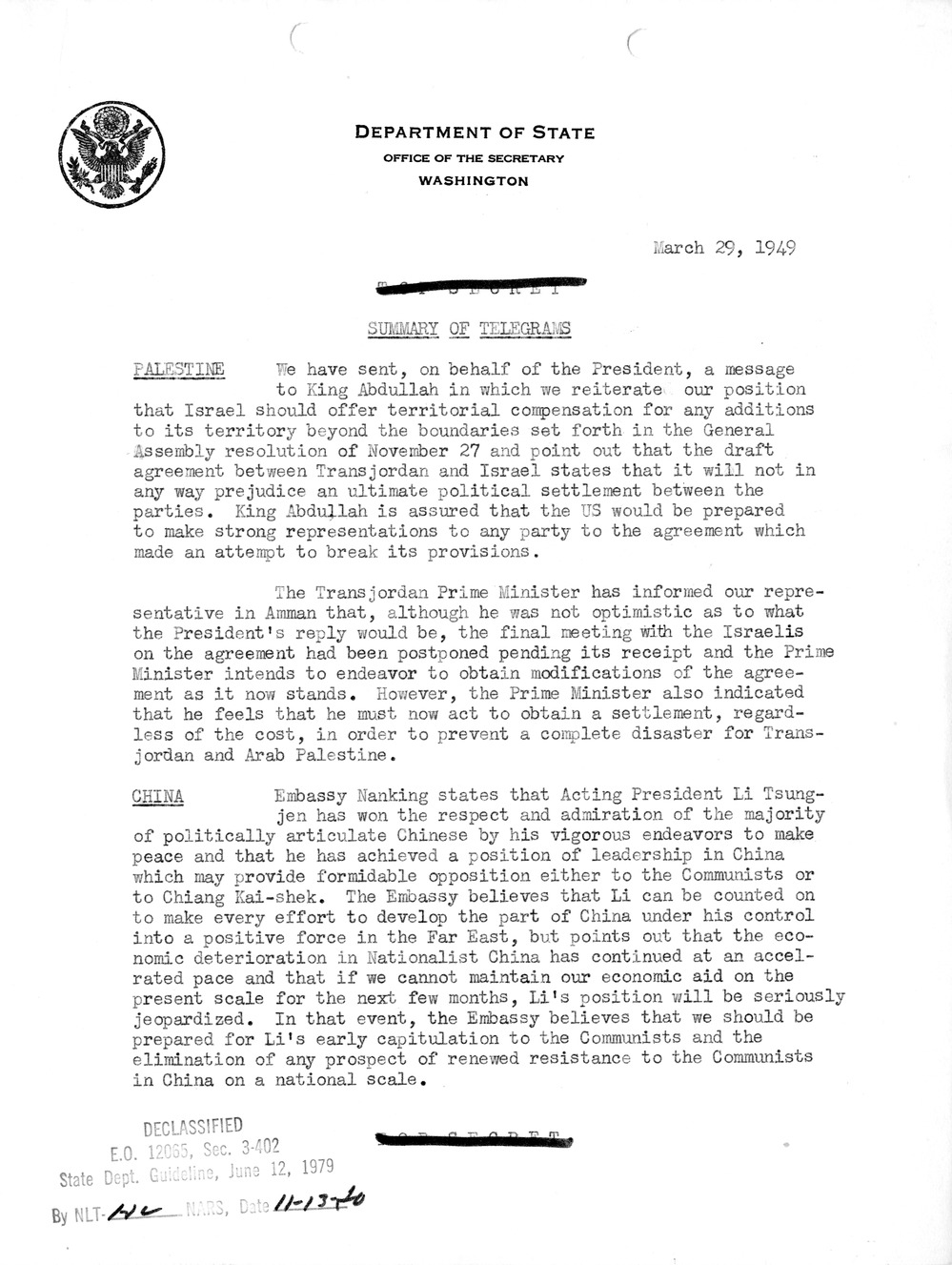 Memorandum, Department of State Summary of Telegrams