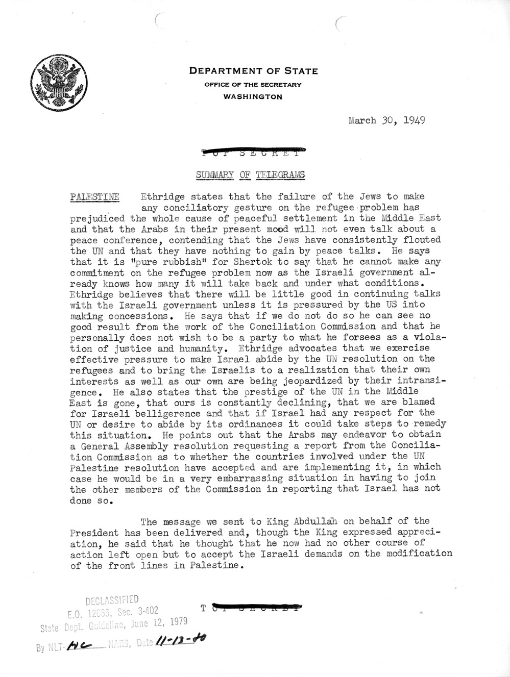 Memorandum, Department of State Summary of Telegrams