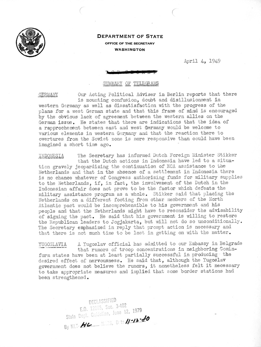 Memorandum, Department of State Summary of Telegrams
