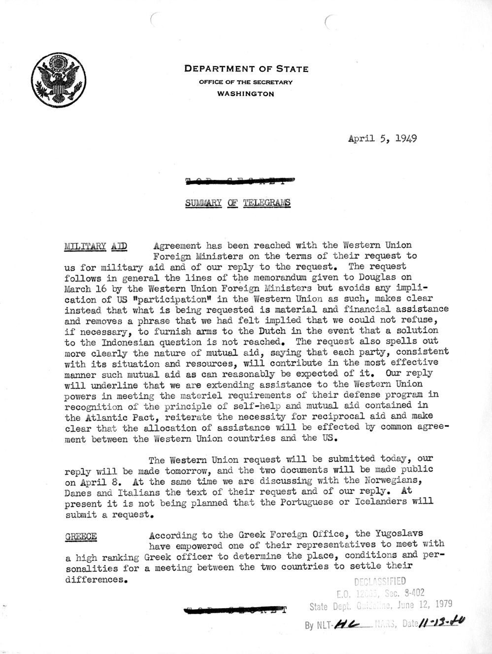 Memorandum, Department of State Summary of Telegrams