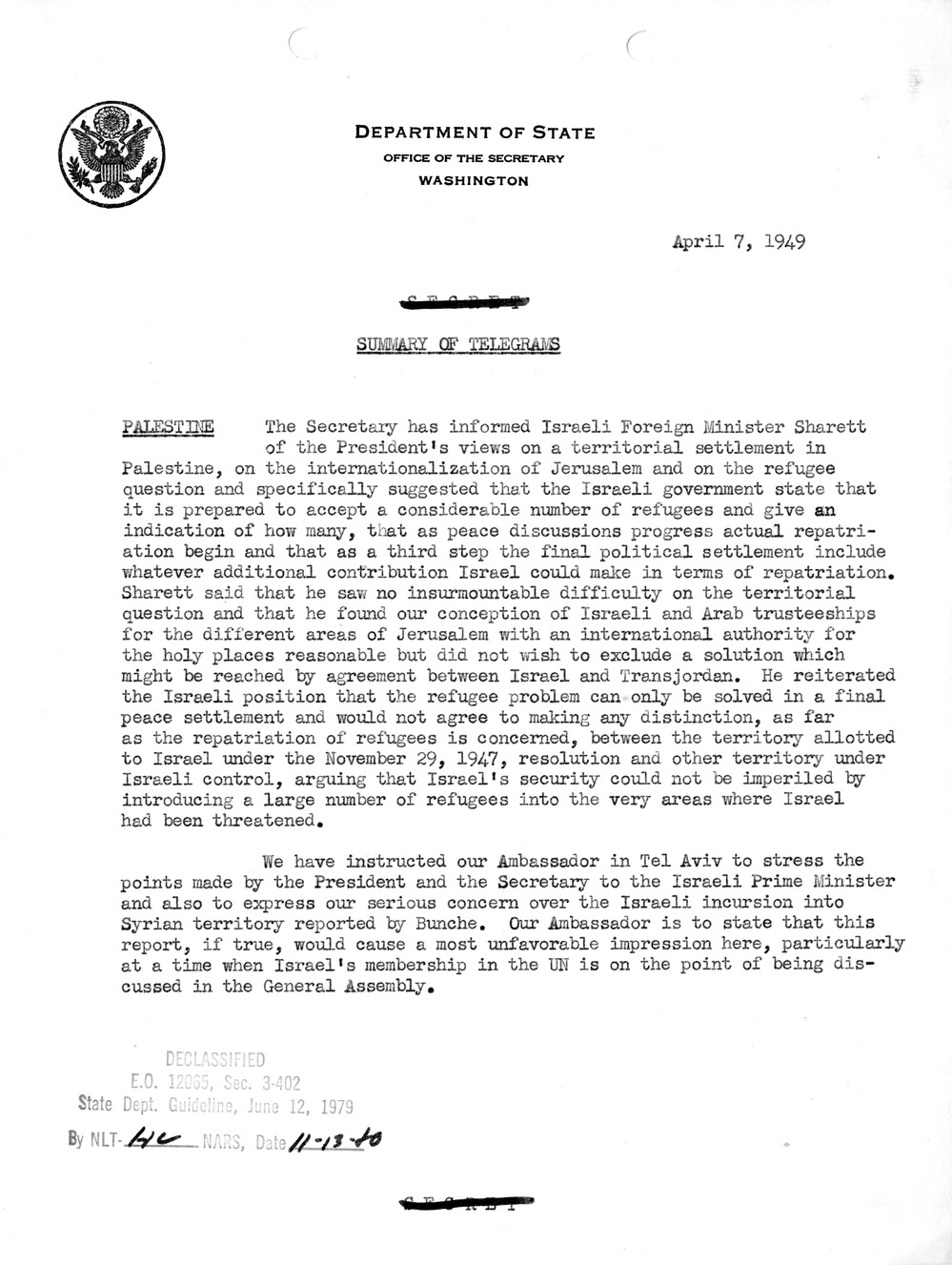 Memorandum, Department of State Summary of Telegrams