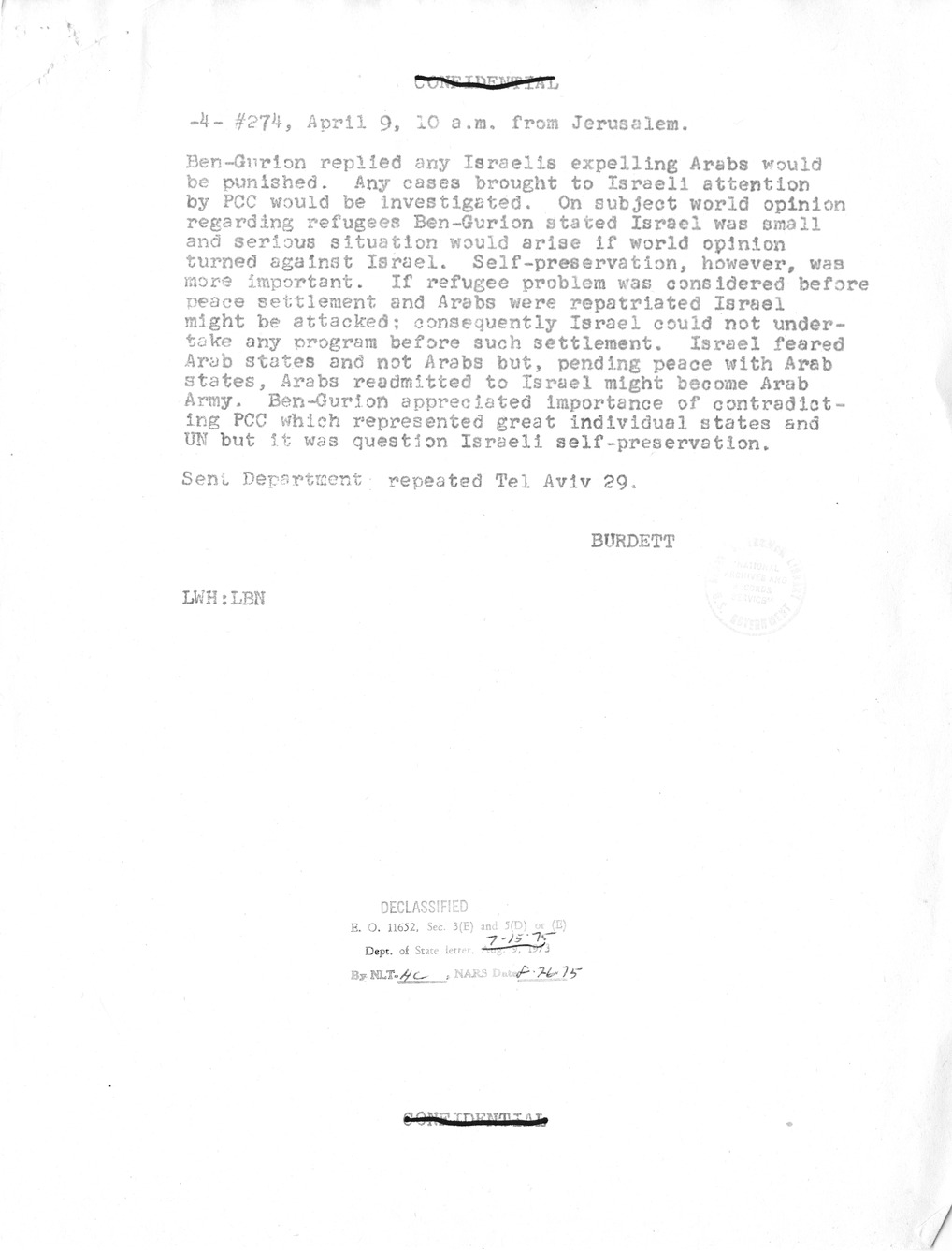 Telegram from William C. Burdett, Jr., to Secretary of State Dean Acheson