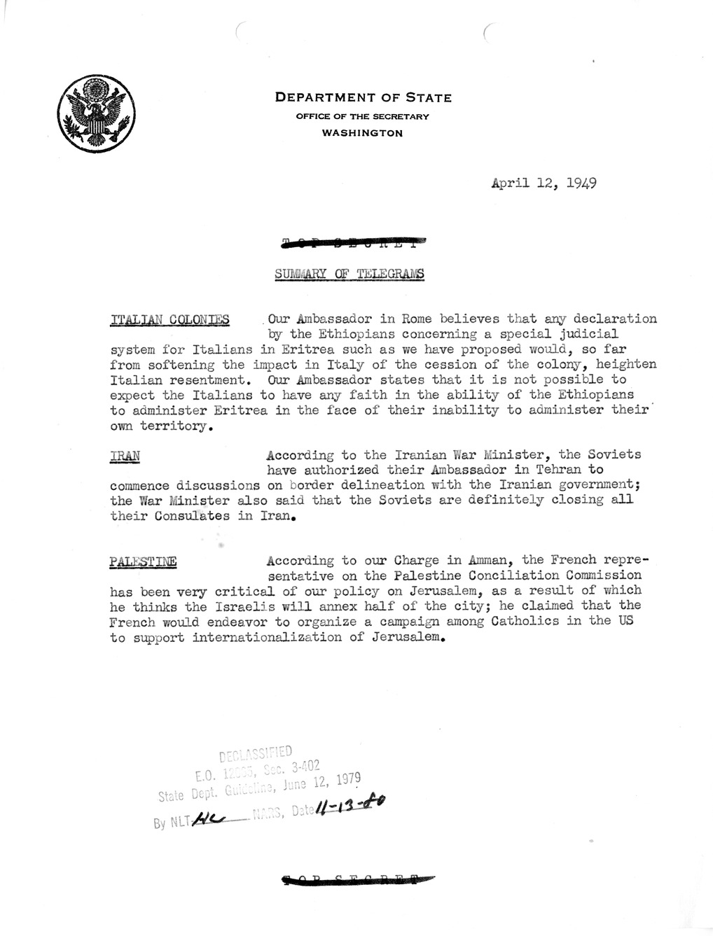 Memorandum, State Department Summary of Telegrams