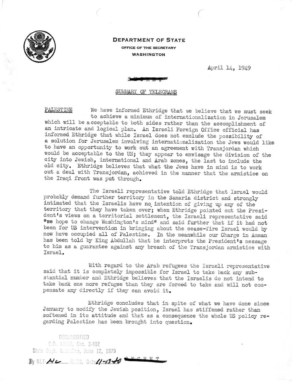 Memorandum, State Department Summary of Telegrams