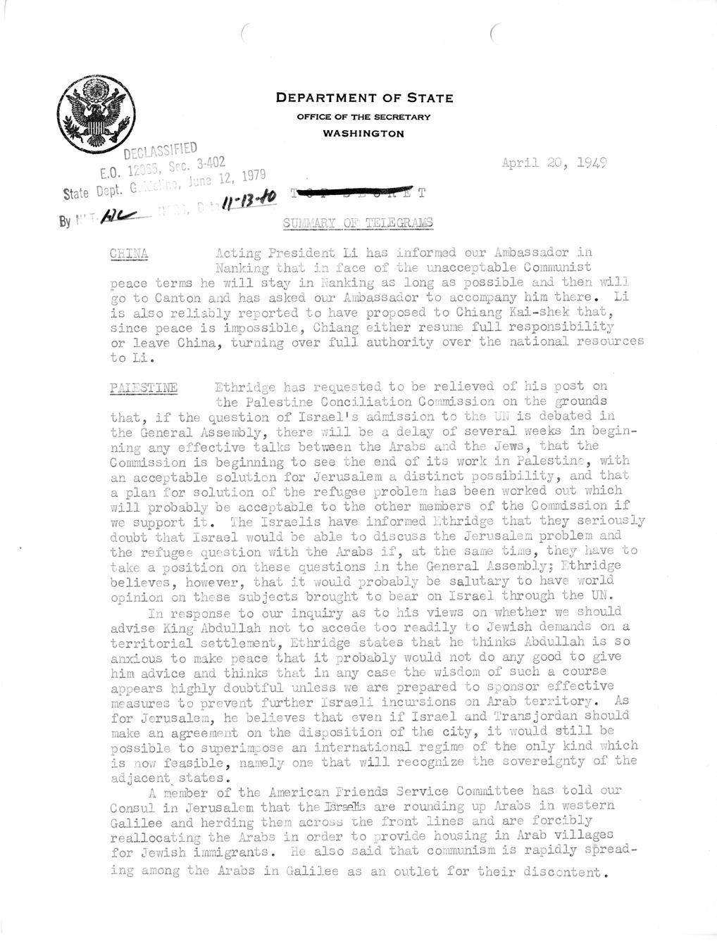 Memorandum, State Department Summary of Telegrams