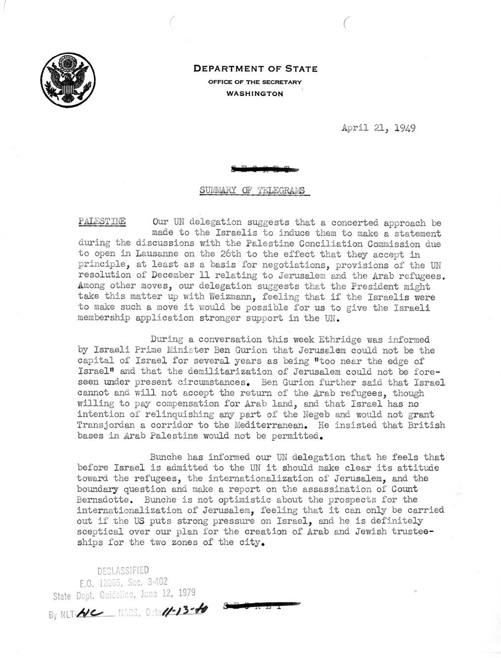 Memorandum, State Department Summary of Telegrams