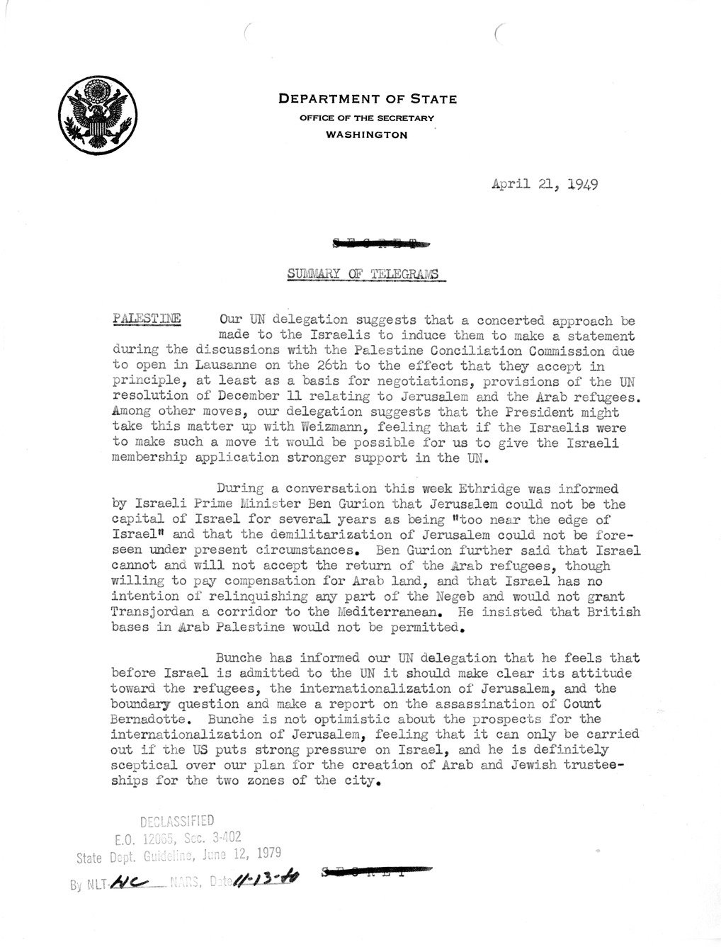 Memorandum, State Department Summary of Telegrams