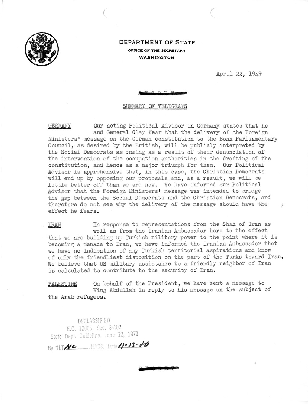Memorandum, Department of State Summary of Telegrams