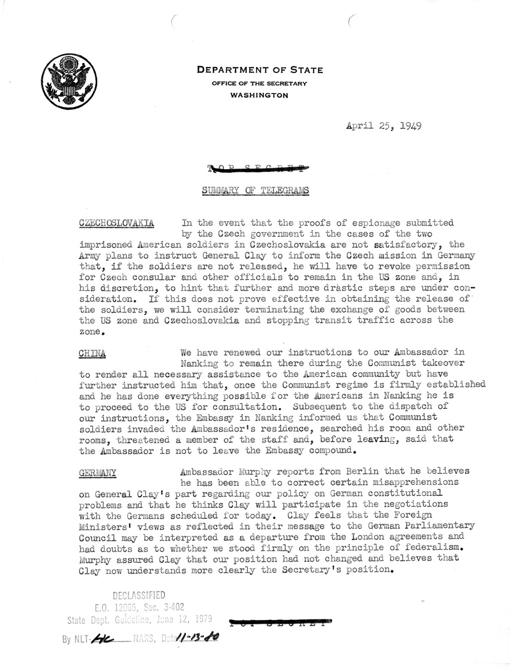 Memorandum, State Department Summary of Telegrams