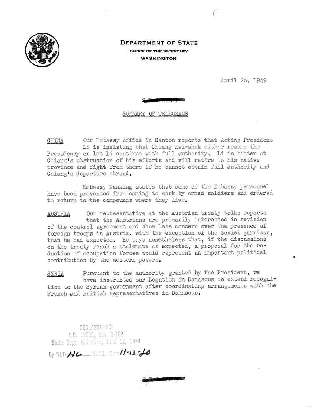 Memorandum, Department of State Summary of Telegrams