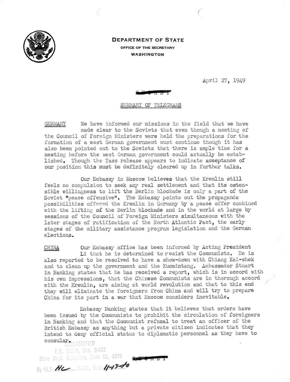 Memorandum, Department of State Summary of Telegrams
