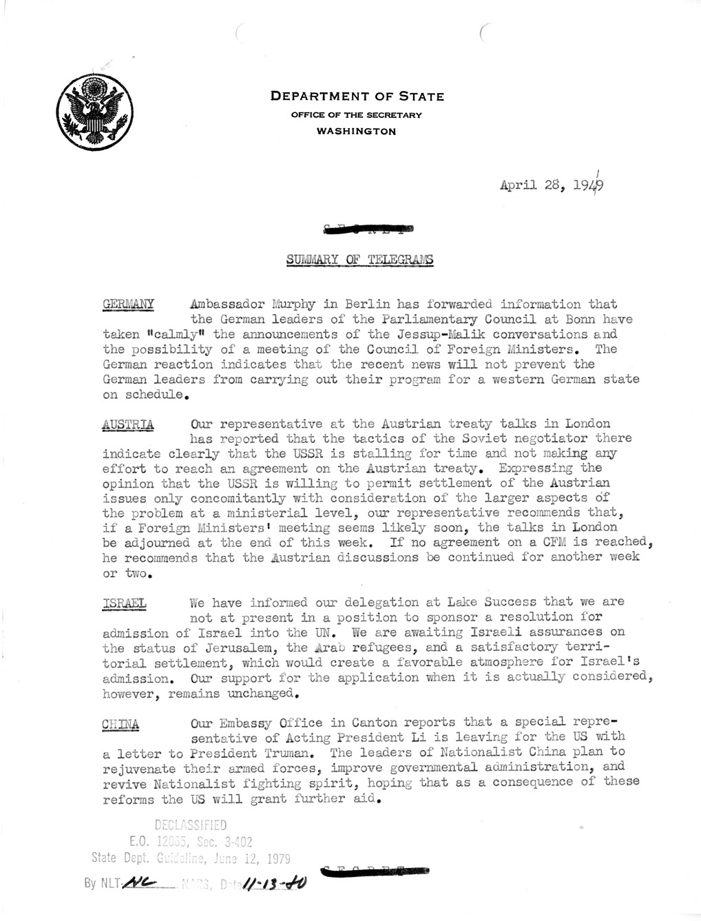 Memorandum, Department of State Summary of Telegrams