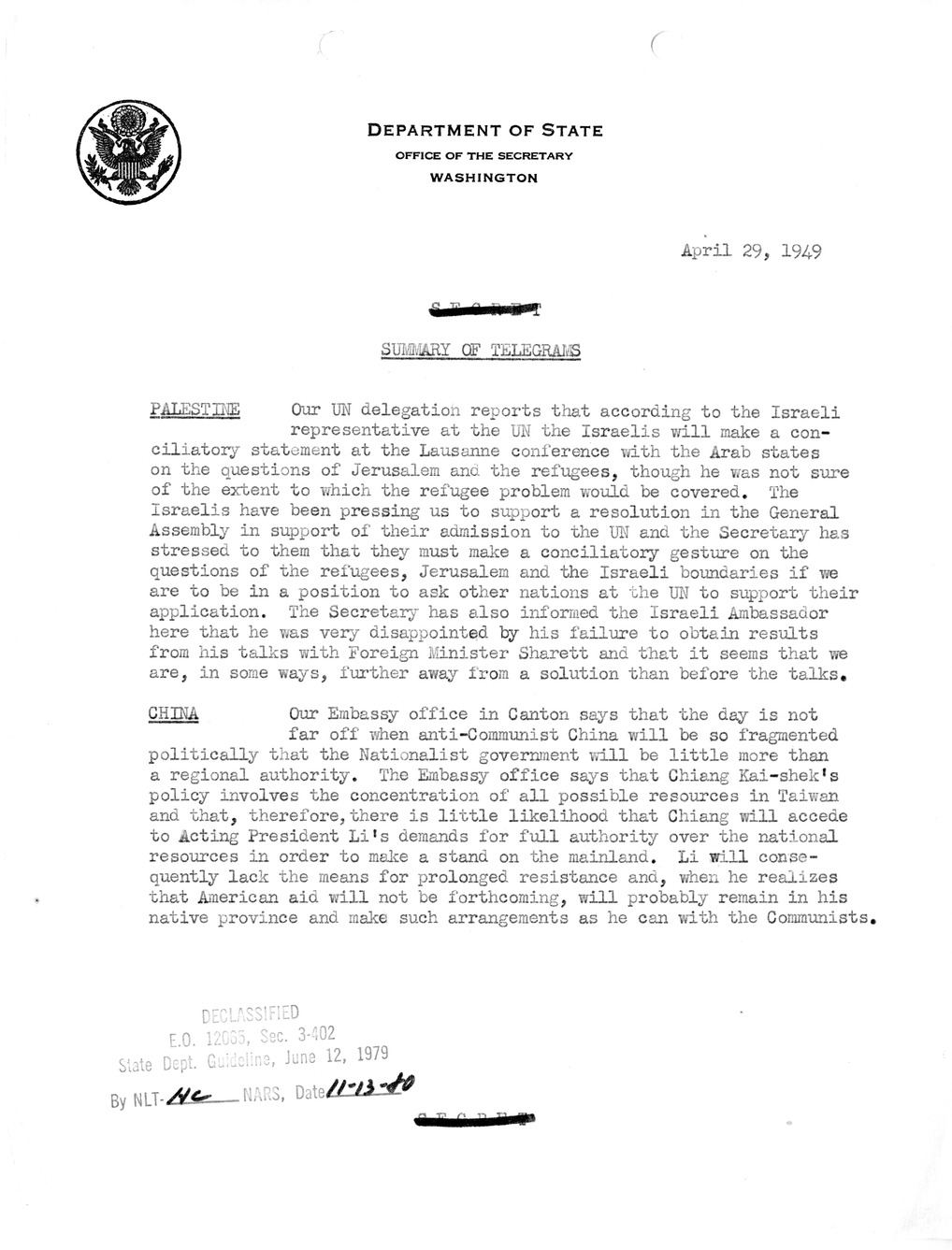 Memorandum, Department of State Summary of Telegrams