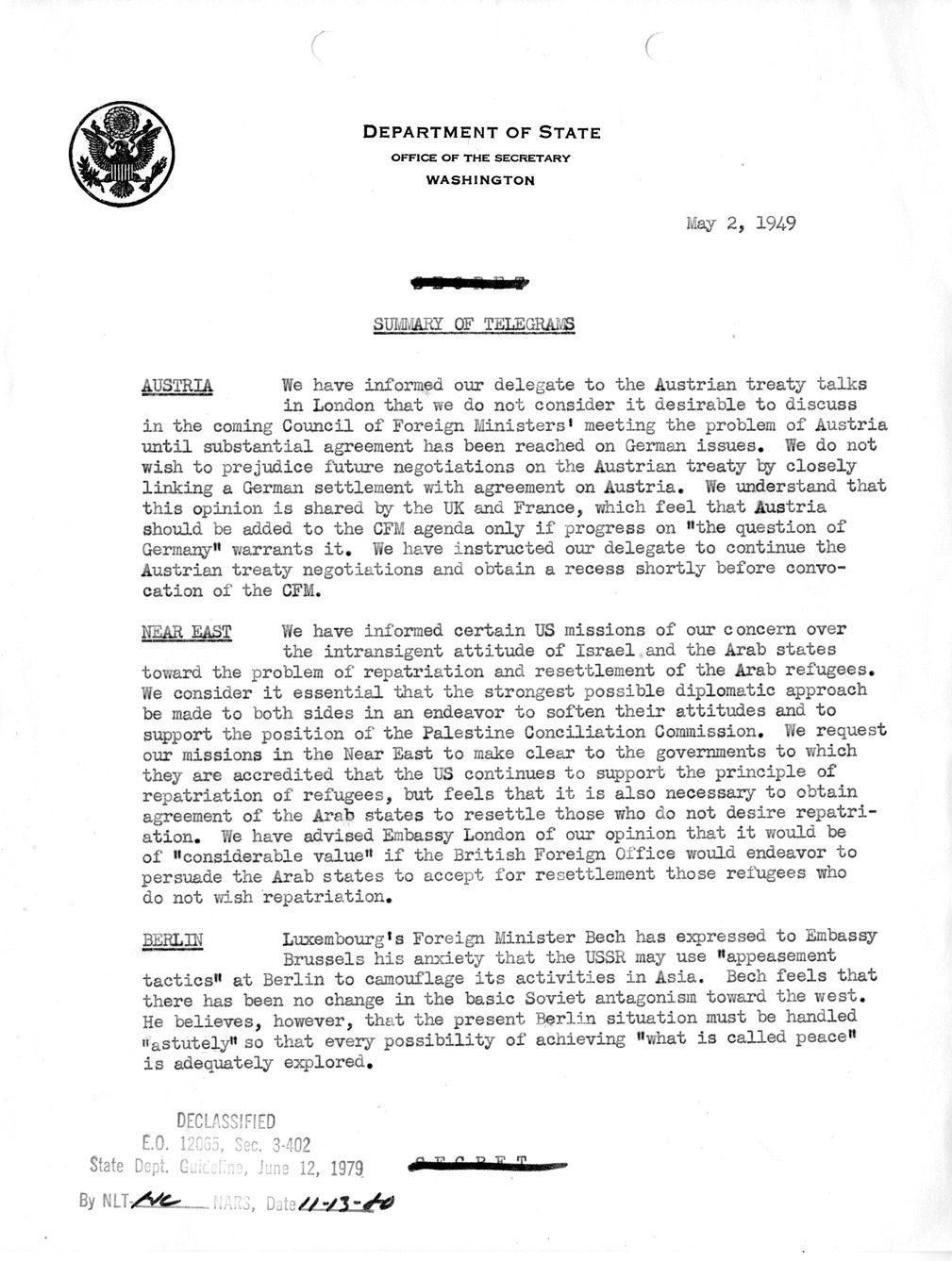 Memorandum, Department of State Summary of Telegrams