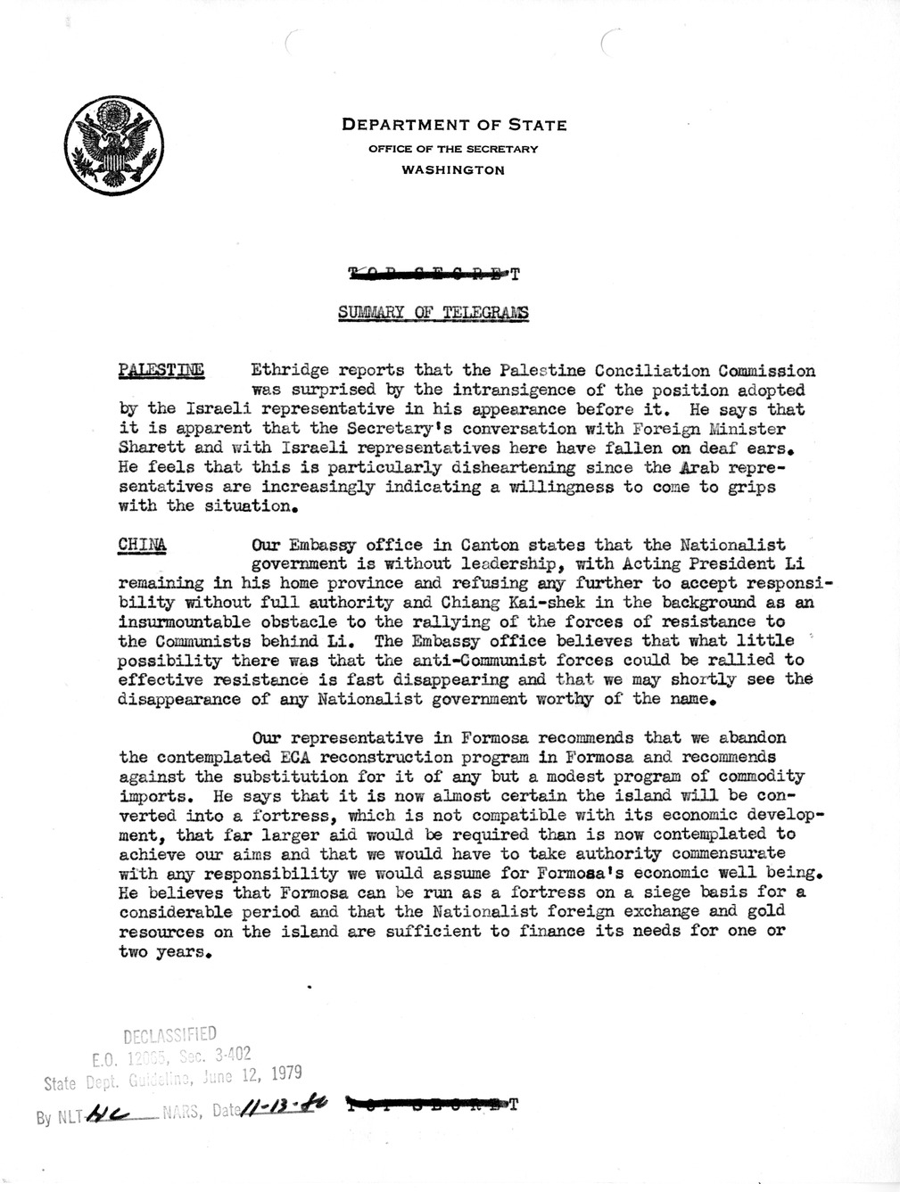Memorandum, State Department Summary of Telegrams