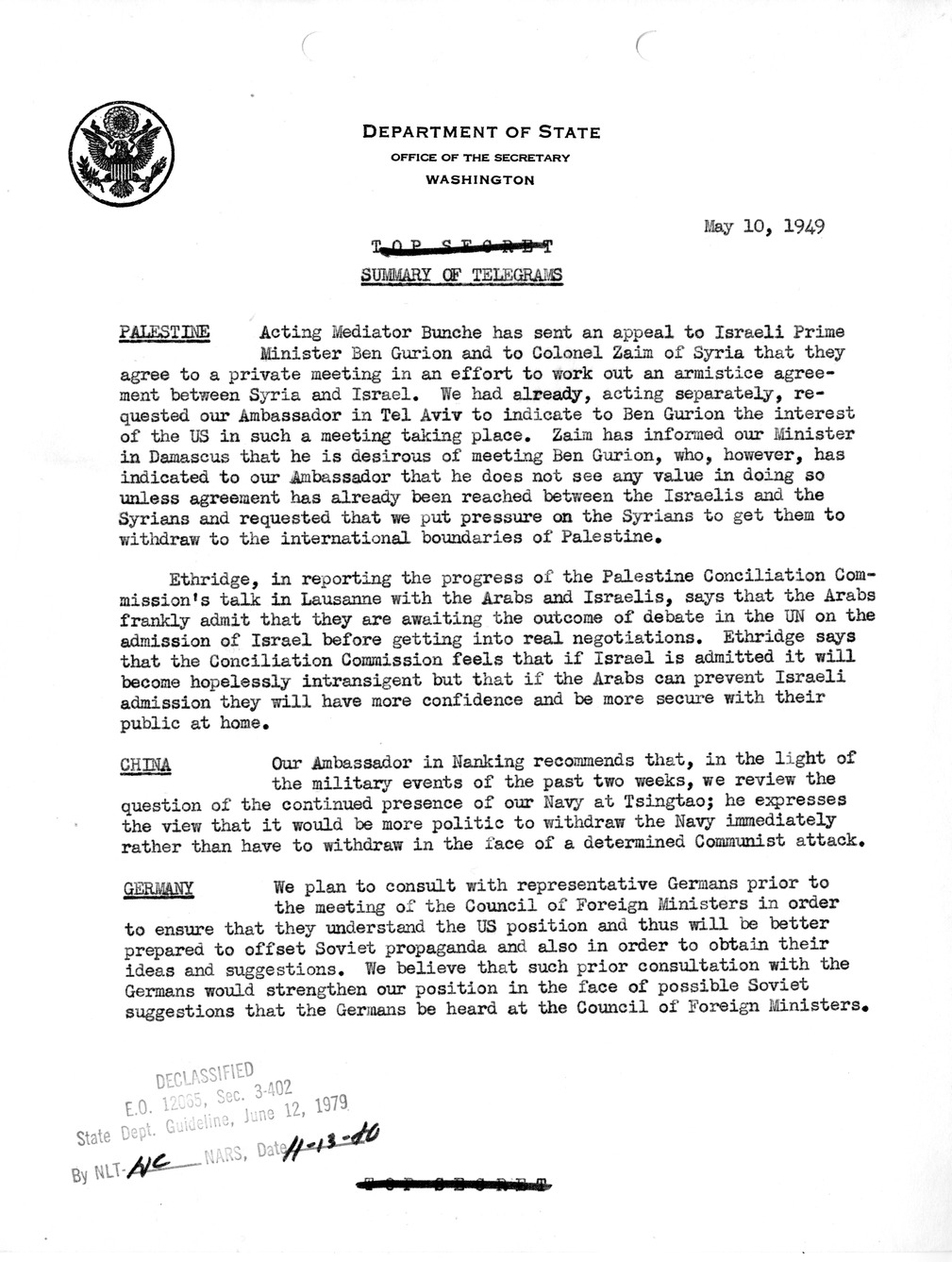 Memorandum, State Department Summary of Telegrams