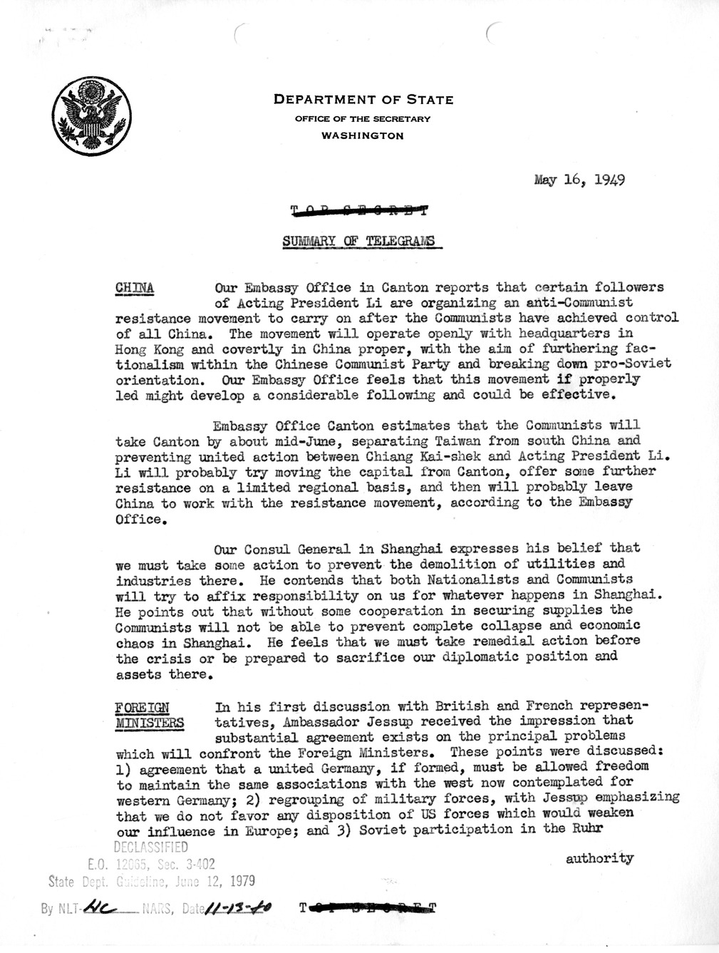 Memorandum, Department of State Summary of Telegrams
