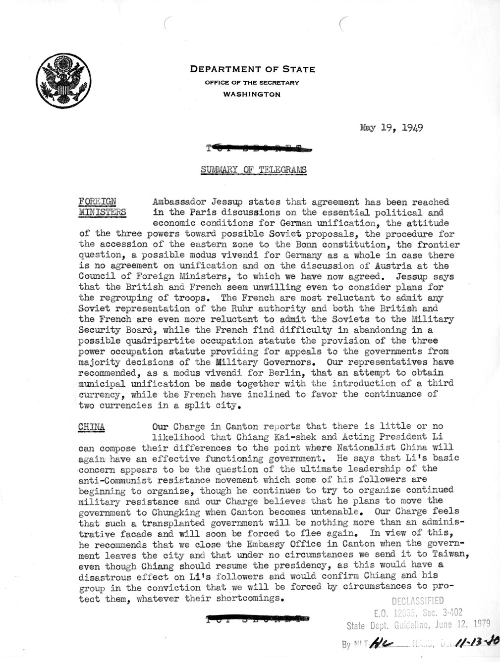 Memorandum, Department of State Summary of Telegrams