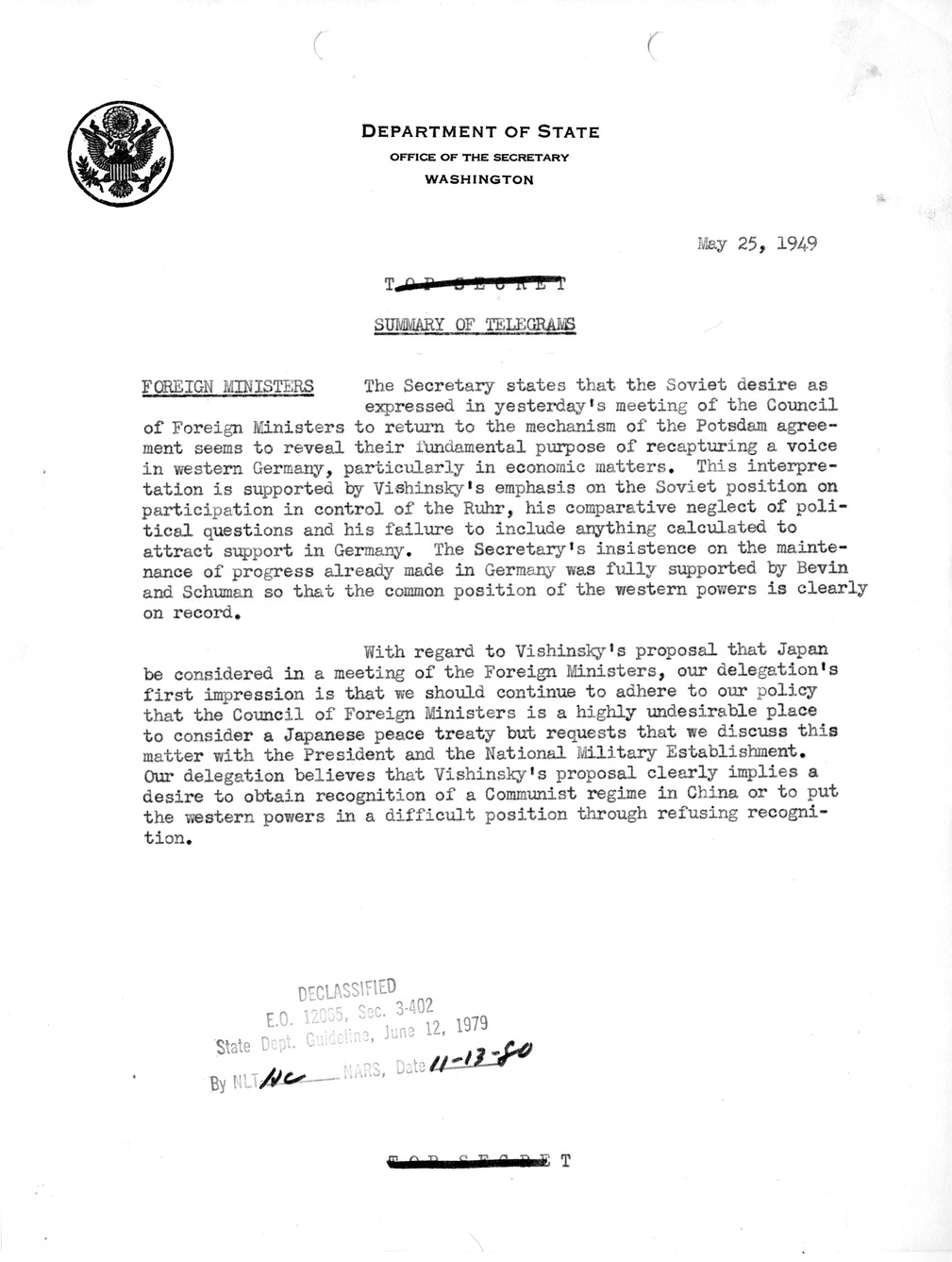 Memorandum, Department of State Summary of Telegrams