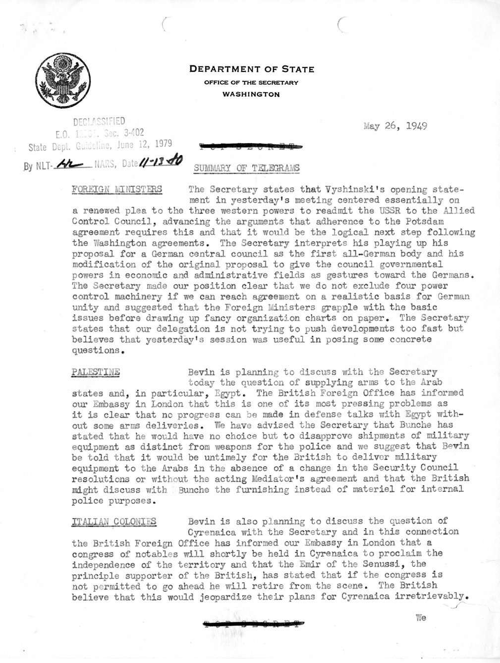 Memorandum, Department of State Summary of Telegrams