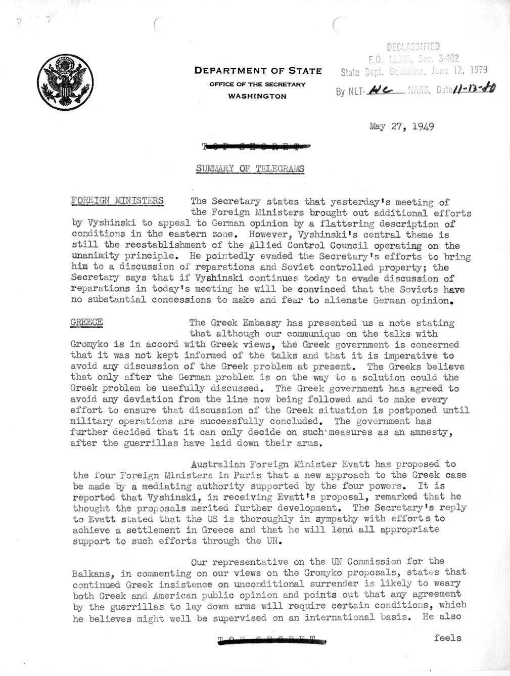 Memorandum, Department of State Summary of Telegrams