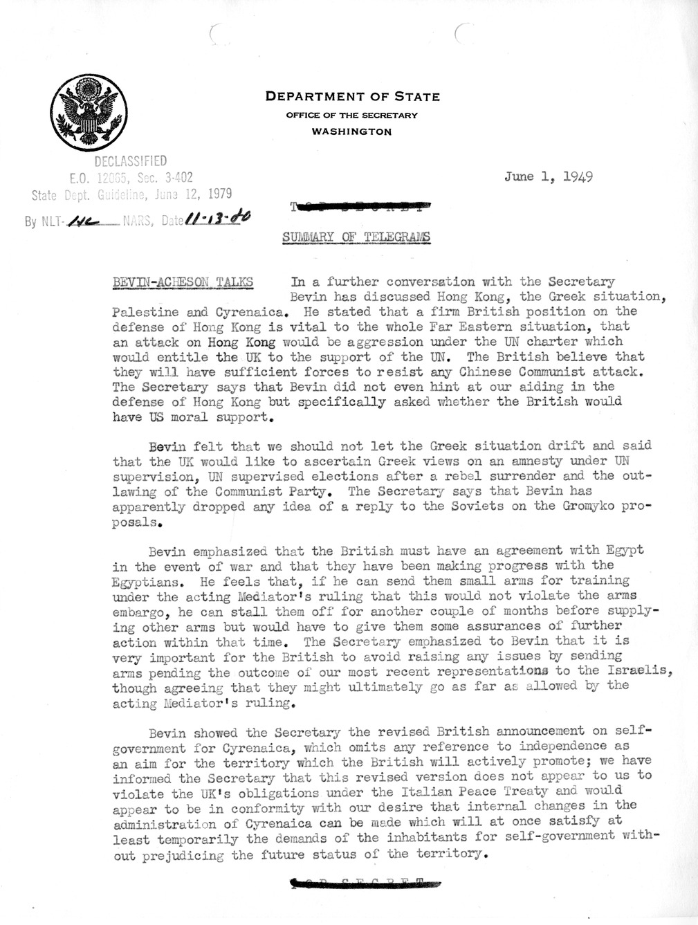 Memorandum, State Department Summary of Telegrams