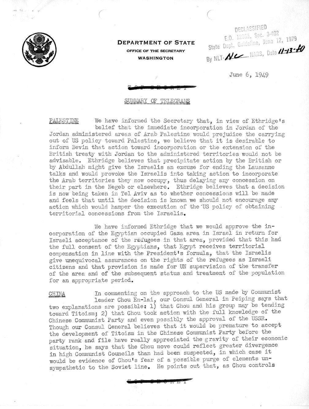 Memorandum, Department of State Summary of Telegrams