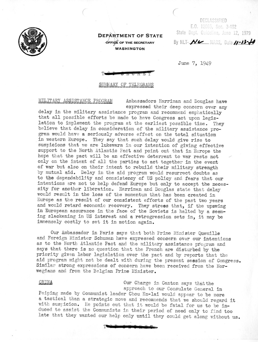 Memorandum, Department of State Summary of Telegrams