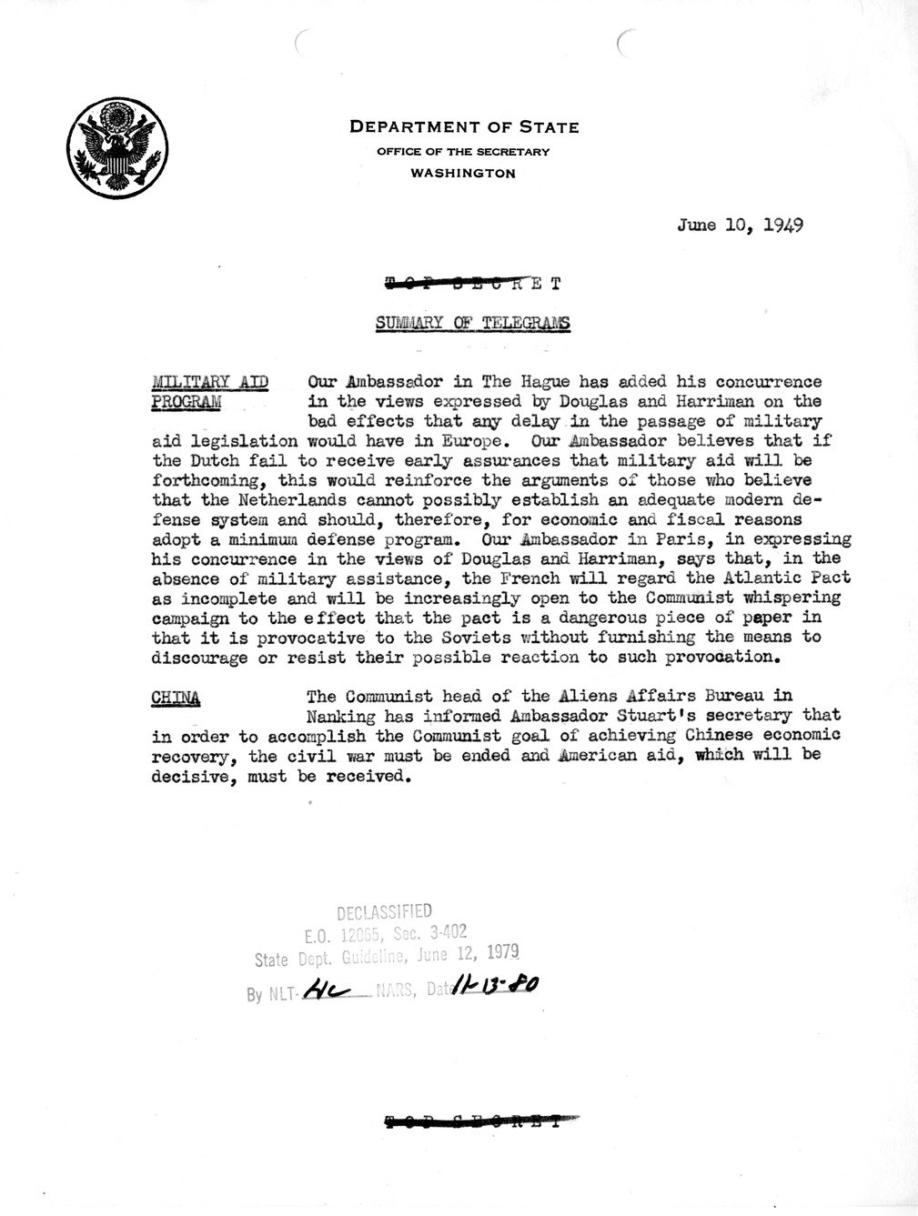 Memorandum, Department of State Summary of Telegrams