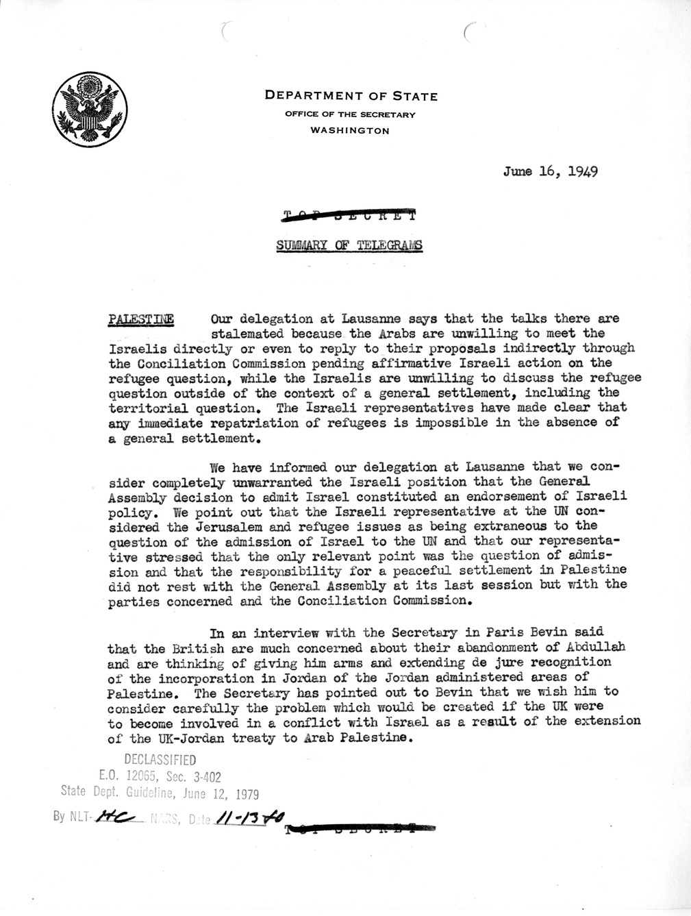 Memorandum, Department of State Summary of Telegrams