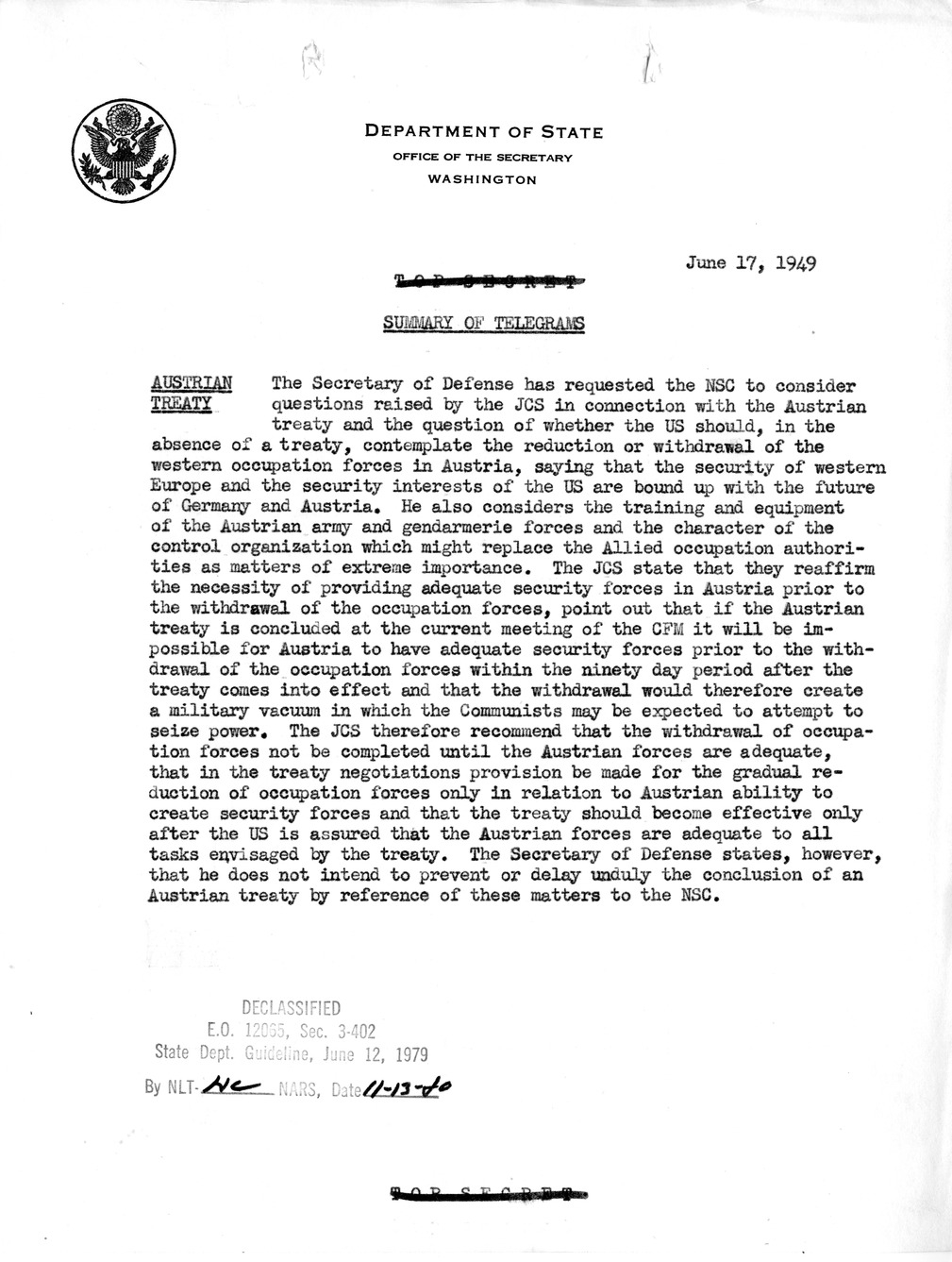 Memorandum, Department of State Summary of Telegrams