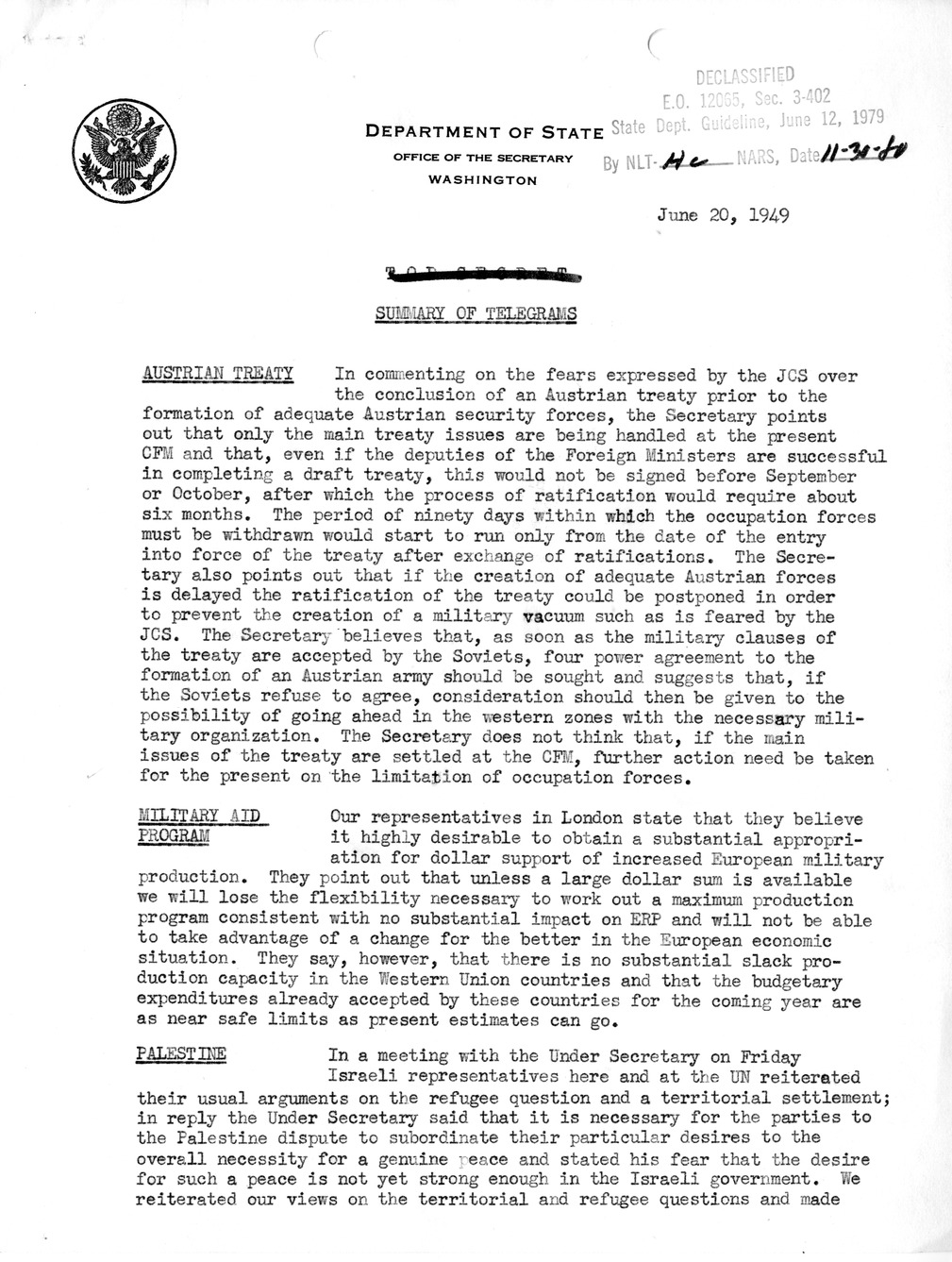 Memorandum, Department of State Summary of Telegrams