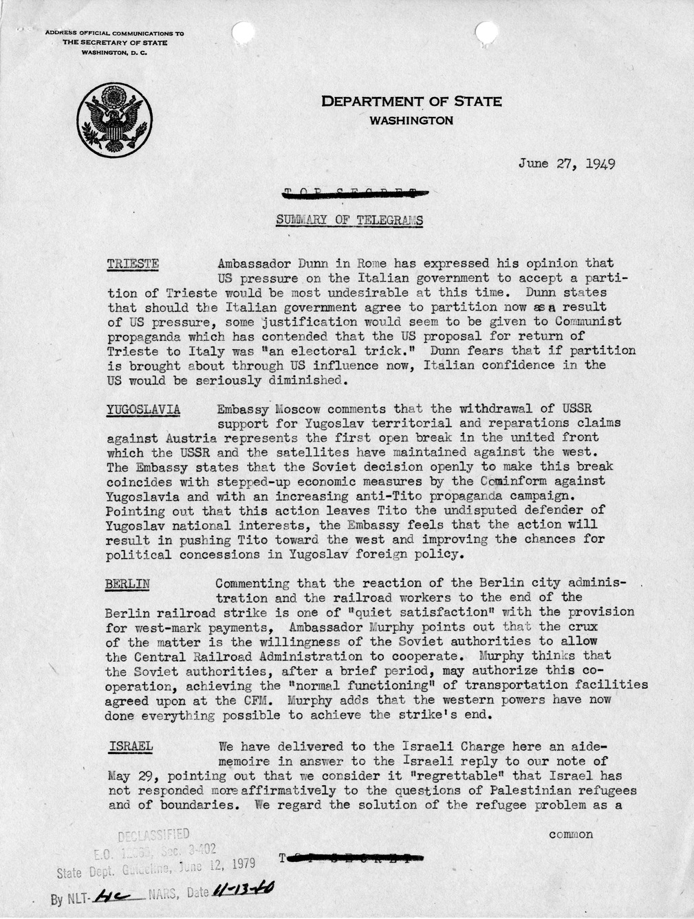 Memorandum, State Department Summary of Telegrams