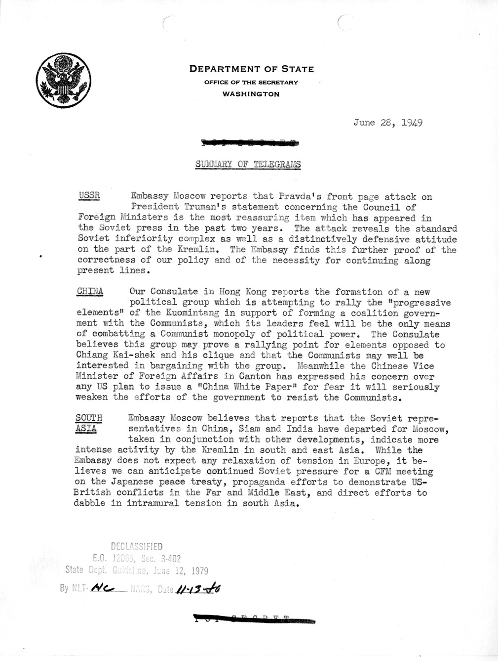Memorandum, Department of State Summary of Telegrams