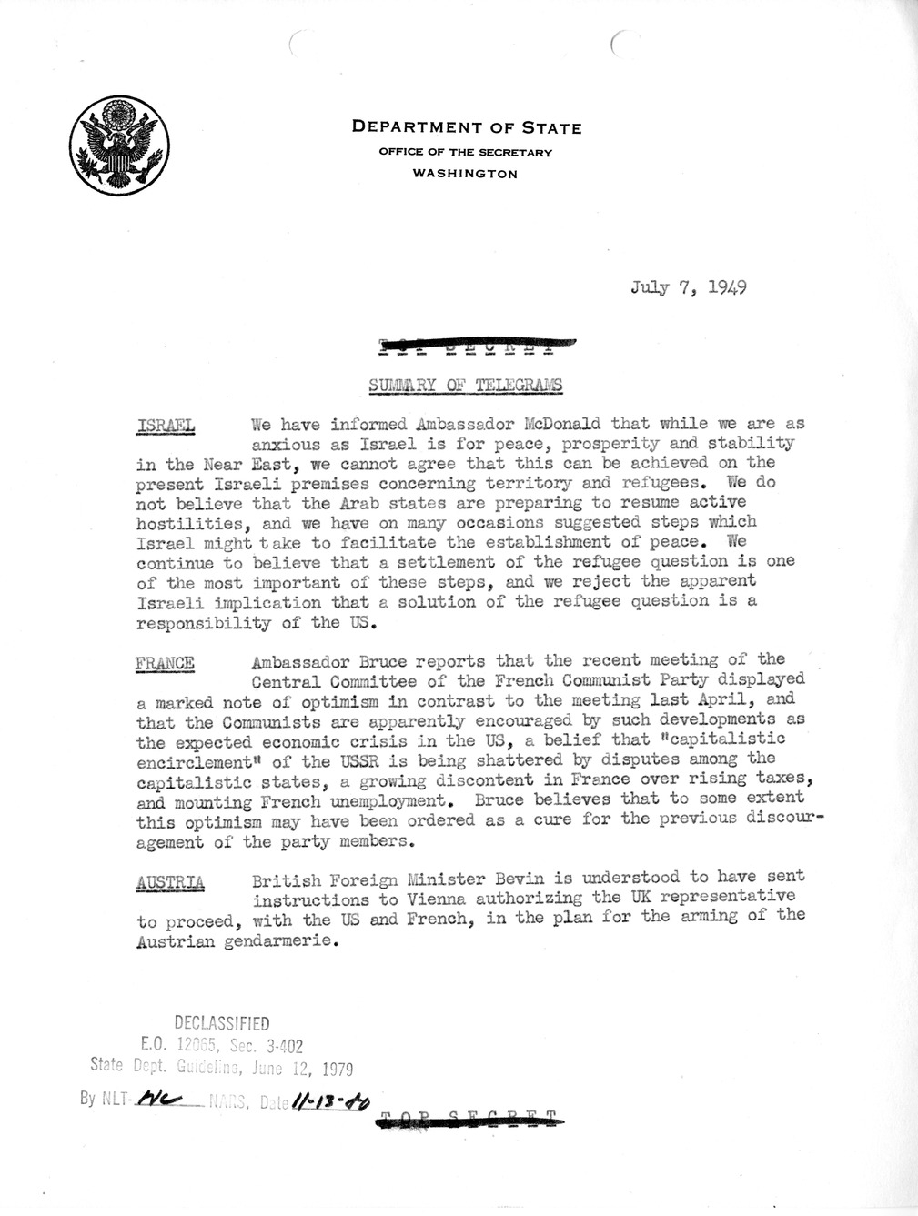 Memorandum, Department of State Summary of Telegrams
