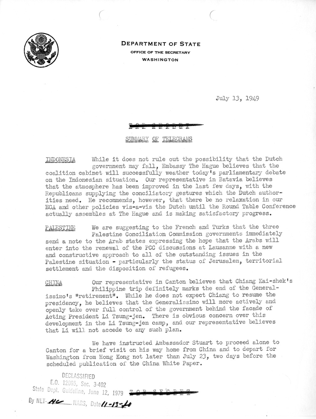 Memorandum, Department of State Summary of Telegrams