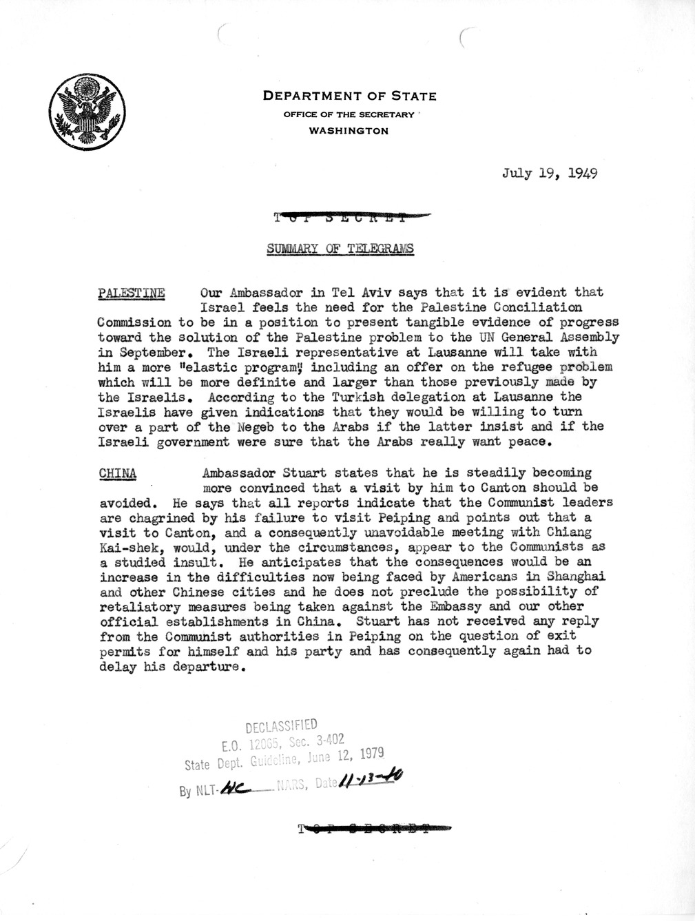 Memorandum, Department of State Summary of Telegrams