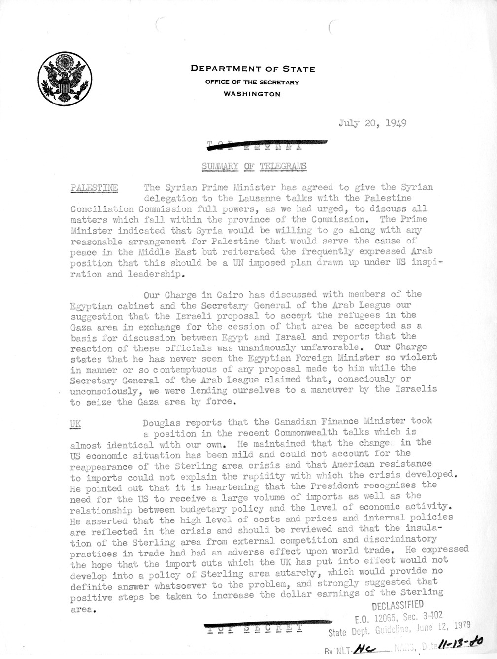 Memorandum, Department of State Summary of Telegrams
