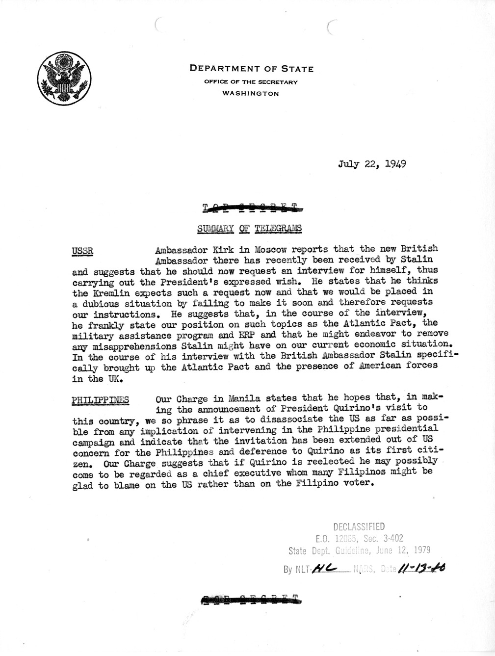Memorandum, Department of State Summary of Telegrams