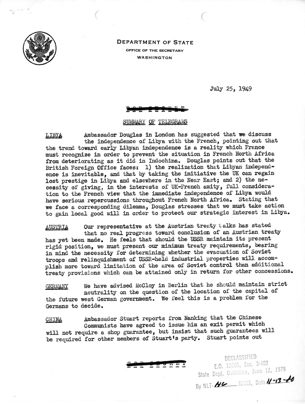 Memorandum, Department of State Summary of Telegrams