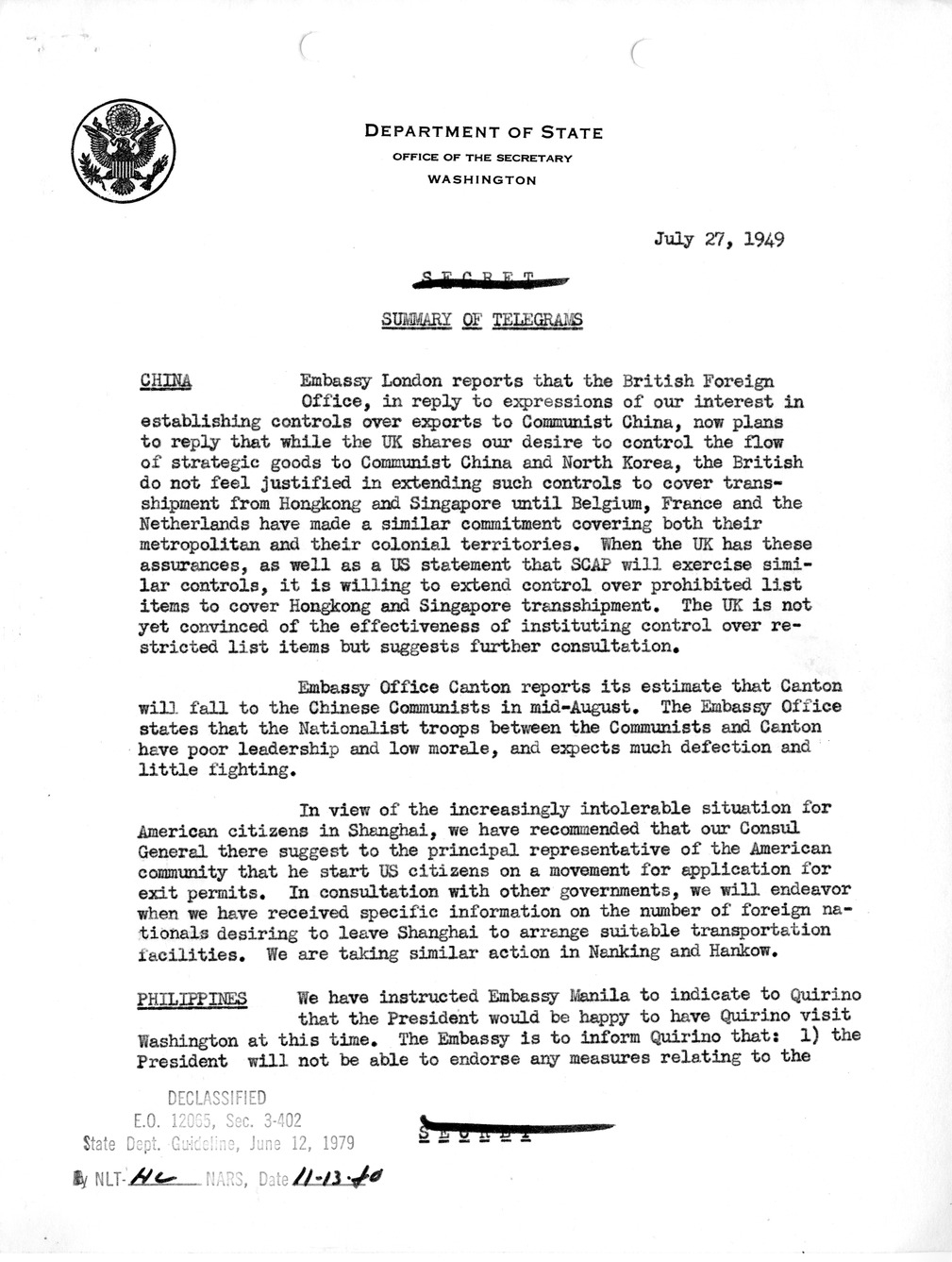 Memorandum, Department of State Summary of Telegrams