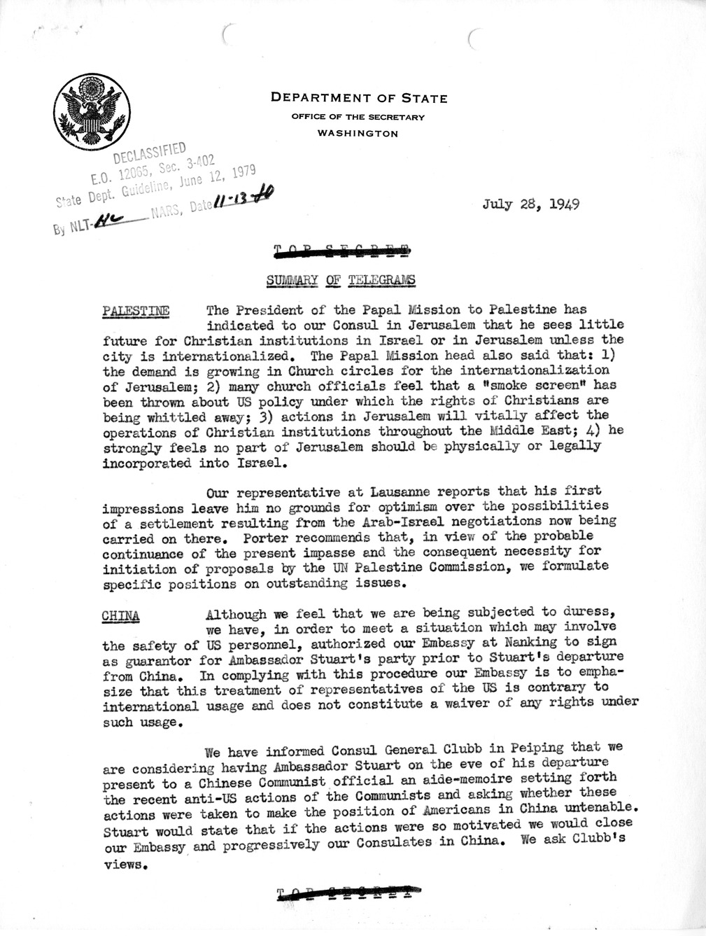 Memorandum, State Department Summary of Telegrams