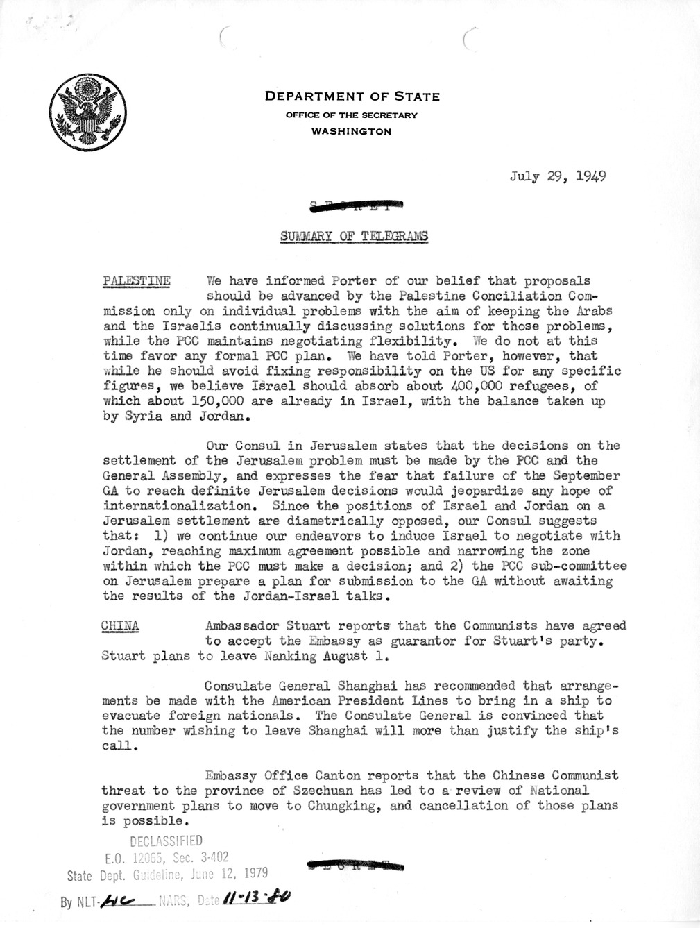 Memorandum, Department of State Summary of Telegrams