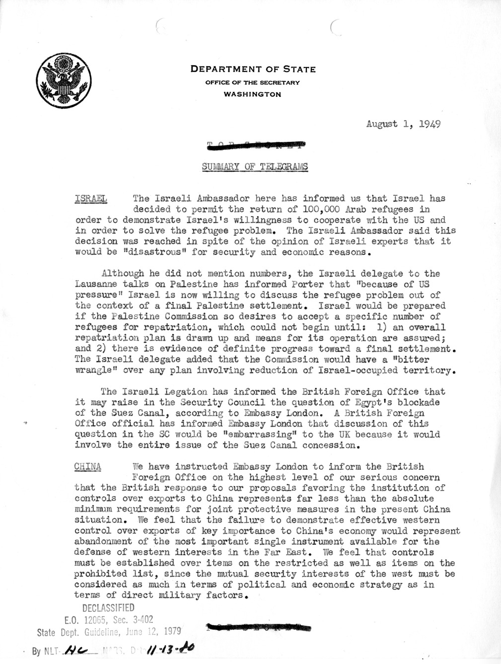 Memorandum, Department of State Summary of Telegrams